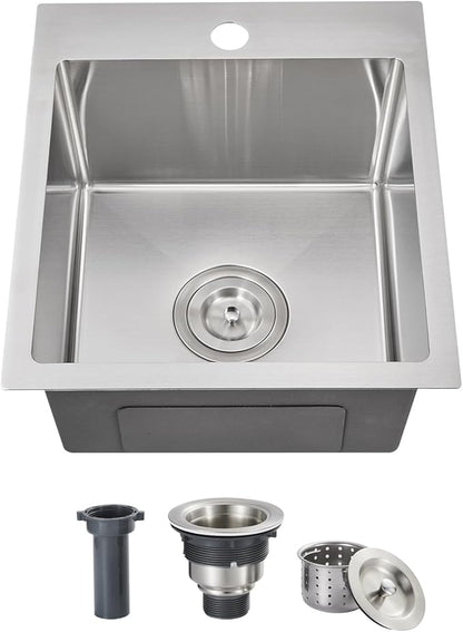 ROVOGO 15 inch Drop in Bar Sink 304 Stainless Steel, 15"x17" Single Bowl Small Kitchen Sink with 1-Hole & Drain Assembly, 8" Deep Wet-Bar/Prep Sink, Brushed
