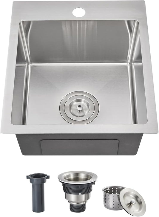 ROVOGO 15 inch Drop in Bar Sink 304 Stainless Steel, 15"x17" Single Bowl Small Kitchen Sink with 1-Hole & Drain Assembly, 8" Deep Wet-Bar/Prep Sink, Brushed