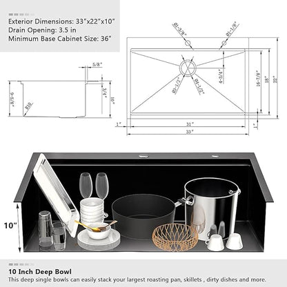 33 Inch Black Drop In Kitchen Sink Workstation-VASOYO 33x22 Kitchen Sink Drop In Black Stainless Steel Top Mount 16 Gauge Deep Single Bowl Overmount Sinks with Cutting Board