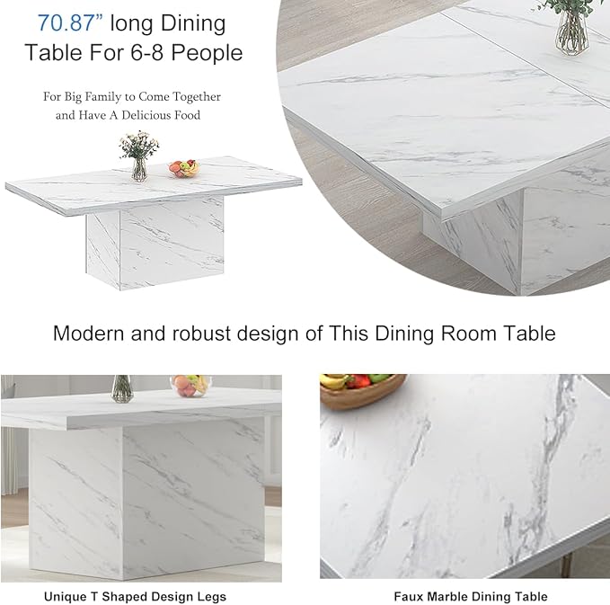HSH 71” White Faux Marble Dining Table, Rectangle Modern Dinner Kitchen Table for 6-8, Farmhouse Long Kitchen Furniture for Living Room, Industrial Wood Dining Room Table with Sturdy Base