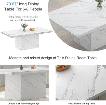 HSH 71” White Faux Marble Dining Table, Rectangle Modern Dinner Kitchen Table for 6-8, Farmhouse Long Kitchen Furniture for Living Room, Industrial Wood Dining Room Table with Sturdy Base