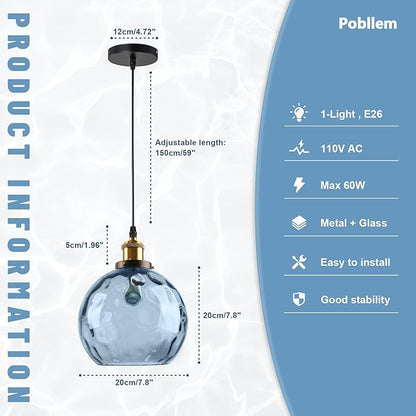 Modern Pendant Lights Kitchen Island, Hand Blown Glass Hanging Kitchen Lights with 7.8" Blue Hammered Globe, 1-Light Island Pendant Lights for Kitchen Dining Room Bathroom Bedroom