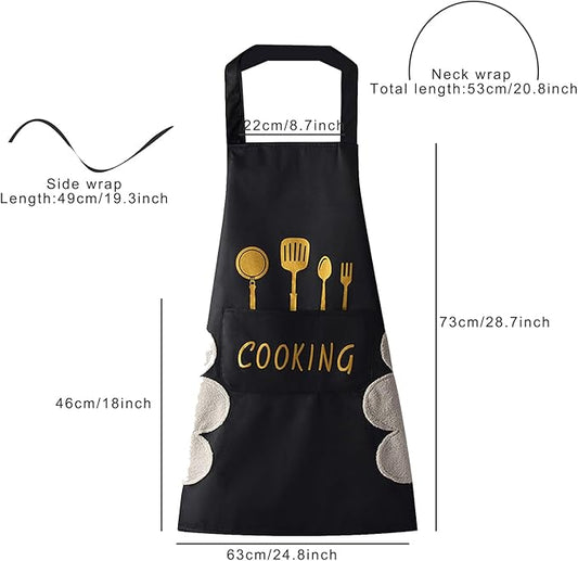 DILLMAN Women Kitchen Apron with Hand Wipe Pockets，Big Pocket,Hand-wiping, Waterproof for Cooking Baking