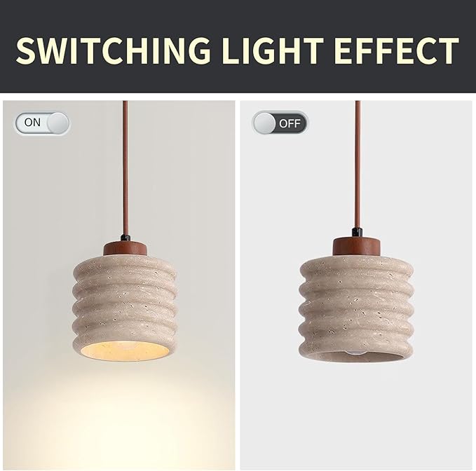 Japanese Wabi sabi Pendant Light with Natural Stone Shade, Dimmable Modern Wood Hanging Lamp Fixture, Adjustable Height Pendant Lamp for Bedroom, Kitchen Island, Dining Room, Restaurant, Cafe, Bar (L)