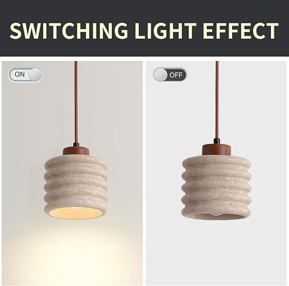 Japanese Wabi sabi Pendant Light with Natural Stone Shade, Dimmable Modern Wood Hanging Lamp Fixture, Adjustable Height Pendant Lamp for Bedroom, Kitchen Island, Dining Room, Restaurant, Cafe, Bar (L)