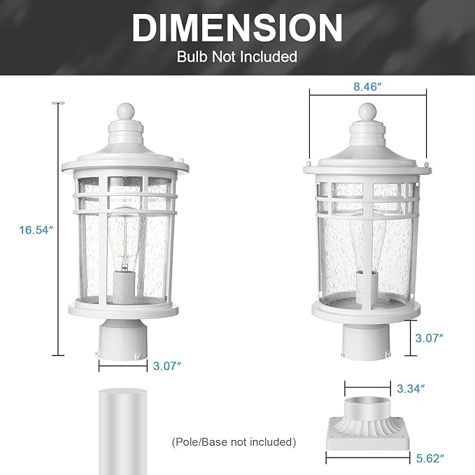 Darkaway Outdoor Post Lights Lamp Posts Outdoor Lighting, 17inch Large Waterproof Aluminum Post Lights Outdoor Light Fixtures with Glass, Light Posts for Outside Patio Yard (Large, White)