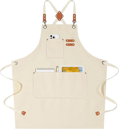 AFUN Chef Aprons for Women Men with Oversized Pockets, 12-Ounce Cotton Canvas Cross Back Water Repellent Apron (Cream)