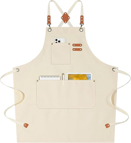 AFUN Chef Aprons for Women Men with Oversized Pockets, 12-Ounce Cotton Canvas Cross Back Water Repellent Apron (Cream)