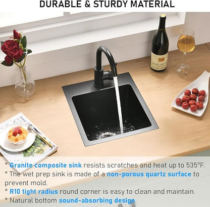 Drop in Black Bar Sink, 13x15 Inch Matte Black Granite Composite Quartz Small Kitchen Prep Sink RV Wet Bar Topmount Single Bowl with Small Rubber Squeegee
