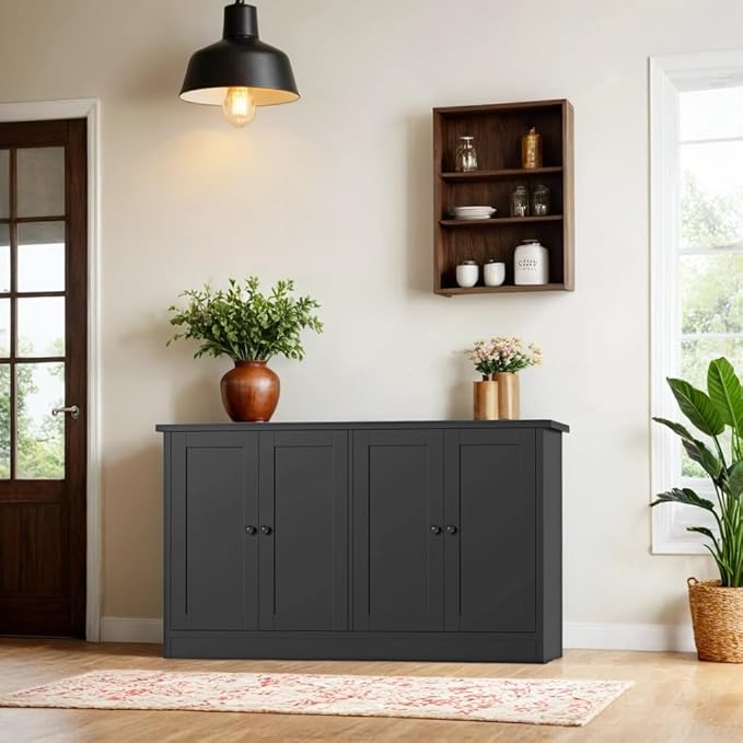 holzart Black Buffet Cabinet with Storage, 49" Modern Kitchen Sideboard with 4 Doors & Adjustable Shelves, Wood Coffee Bar Cabinet Console Table for Dining Room, Living Room, Entryway