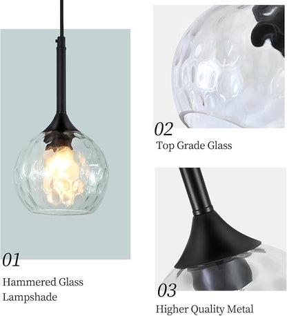 JHLBYL Glass Pendant Lights Kitchen Island: 5.91'' 1-Light Hammered Glass Pendant Light with Black Finish - Modern Minimalist Hanging Light Fixture for Kitchen Sink Dining Room - E26 Base