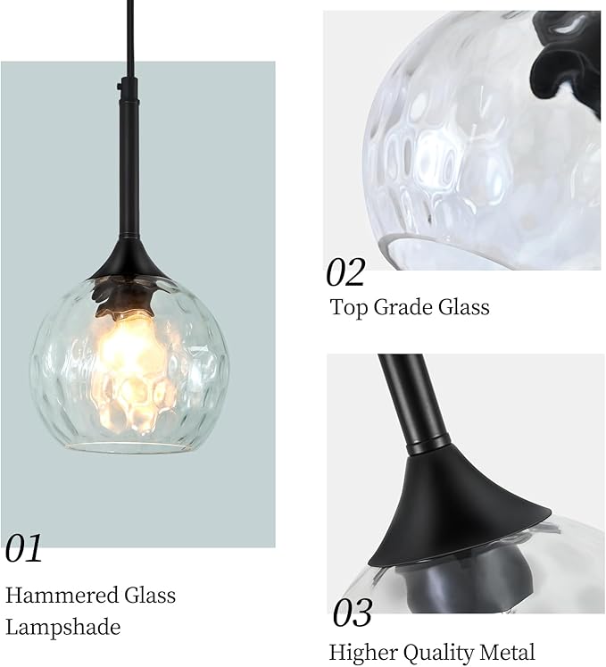 JHLBYL Glass Pendant Lights Kitchen Island: 5.91'' 2-Pack 1-Light Hammered Glass Pendant Light with Black Finish - Modern Minimalist Hanging Light Fixture for Kitchen Sink Dining Room - E26 Base