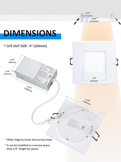 POPANU Recessed Lighting 4-inch Square-LED - Canless Recessed Light Fixture, Dimmable Ceilling Light with Junction Box, 2700|3000|3500|4000|5000K, 9W, White, 6P