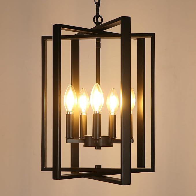 LynPon 12.4" Modern Black Chandelier, 5 Lights Farmhouse Chandelier Foyer Lighting Fixtures Rustic Hanging Pendant Light for Dining Room Kitchen Living Room Bedroom Hallway Stairway Entryway
