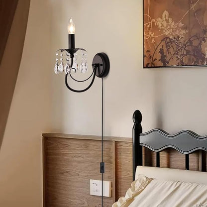 Black Wall Sconces,Vintage Crystal Wall Sconce Wall Light Fixtures,Farmhouse Candle Wall Sconce Indoor Bedside Mid Century for Bathroom Bedroom Living Room Hallway Entryway Stairs