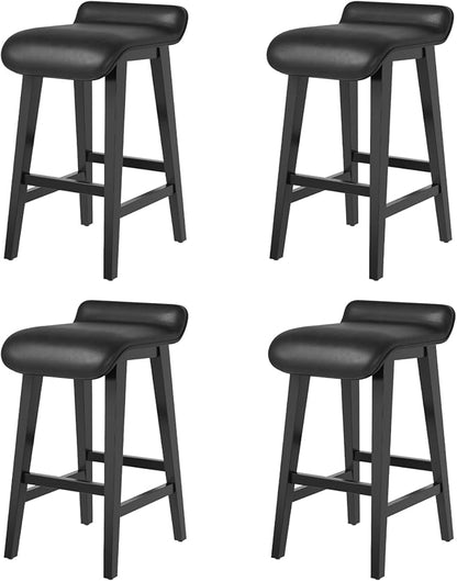 IDEALHOUSE 26.2" Solid Wood Bar Stools Set of 4, Counter Height Bar Stools with Wide PU Leather Upholstered Seat, Barstools Set for Kitchen Islands, Counter Bars, Black