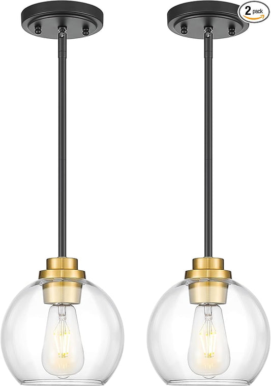Pendant Lights Kitchen Island 2 Pack, 7" Black and Gold Hanging Lights Fixtures with Clear Glass Globe Shade, Modern Kitchen Island Lighting for Bathroom, AD-22280-1P2-KG