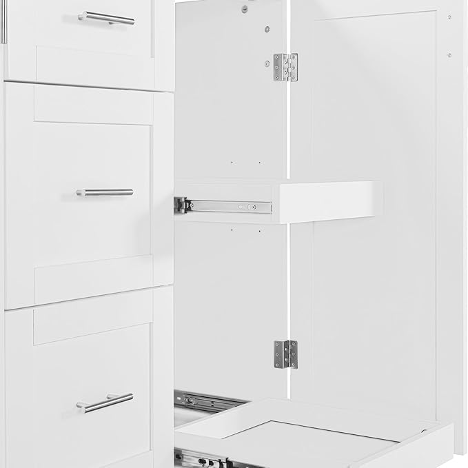 RUNNA Rolling Kitchen Island with Storage, White09, 3 Drawer, 2 Slide-Out Shelf, Internal Storage Rack, Kitchen Cart on Wheels with Spice Rack & Tower Rack