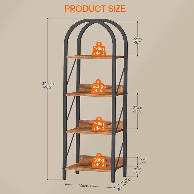 HOOBRO Bookshelf, 4-Tier Bookshelf Arched Display Racks, Industrial Bookcase with Metal Frame, Book Shelf Storage Organizer for Living Room, Office, Bedroom, Rustic Brown and Black BF424SJ01