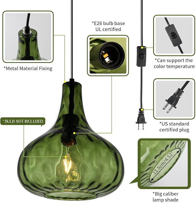 Vintage Plug in Pendant Light Fixture Mid-Century Modern Pendant Lamp with 14.7 ft Cord Hammered Green Glass Globe Shade Retro Plug in Hanging Light for Bedroom Living Room