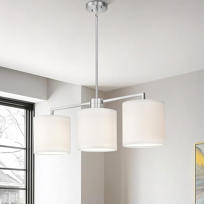 Emak 3-Light Dining Room Light Fixture, Brushed Nickel Kitchen Island Lighting with Linen Drum Shade, Modern Linear Chandeliers for Dining Room, Kitchen, Bar, IL128-BN-WF-3