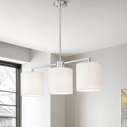 Emak 3-Light Dining Room Light Fixture, Brushed Nickel Kitchen Island Lighting with Linen Drum Shade, Modern Linear Chandeliers for Dining Room, Kitchen, Bar, IL128-BN-WF-3
