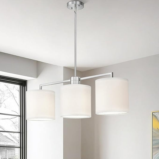 Emak 3-Light Dining Room Light Fixture, Brushed Nickel Kitchen Island Lighting with Linen Drum Shade, Modern Linear Chandeliers for Dining Room, Kitchen, Bar, IL128-BN-WF-3
