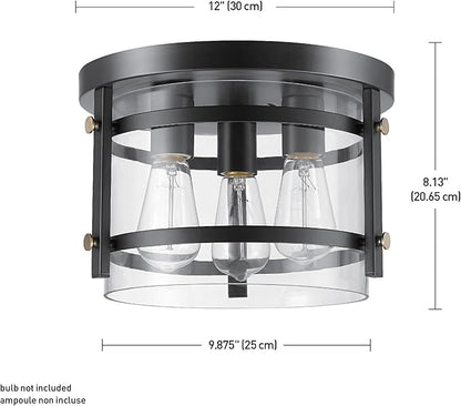 Globe Electric 60417 3-Light Flush Mount Ceiling Fixture, Dark Bronze Finish, Brass Detail, Clear Glass Shade, Modern Lighting for Kitchen, Bedroom, or Dining Room, Rustic, E26 Base