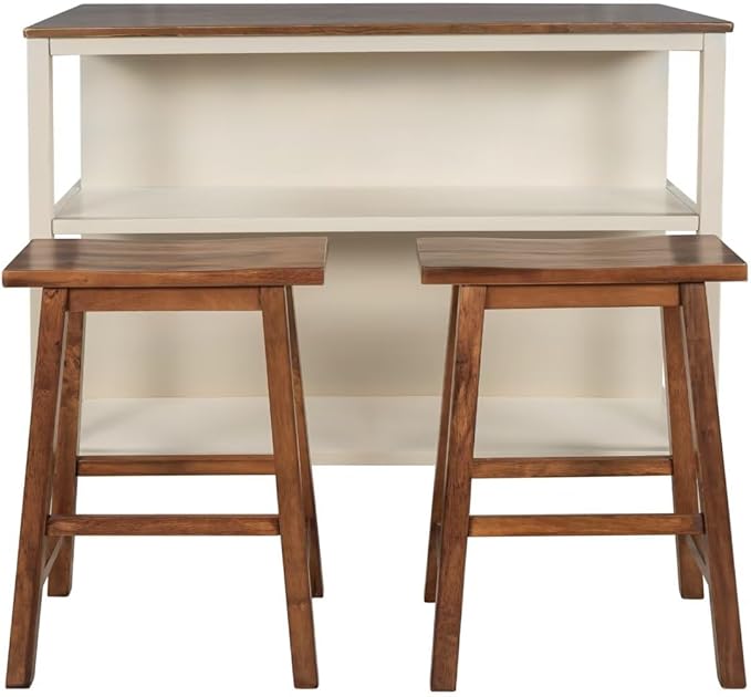 JIJIWANG Solid Wood Rustic 3-Piece 45" Stationary Kitchen Island Set with 2 Seatings, Rubber Wood Butcher Block Dining Table Set Prep Table Set with 2 Open Shelves for Small Places,Walnut+Cream White