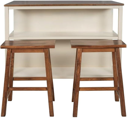 JIJIWANG Solid Wood Rustic 3-Piece 45" Stationary Kitchen Island Set with 2 Seatings, Rubber Wood Butcher Block Dining Table Set Prep Table Set with 2 Open Shelves for Small Places,Walnut+Cream White