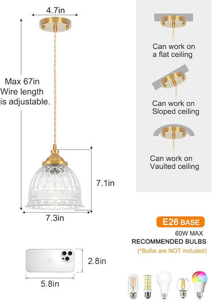Vintage Pendant Light with Clear Glass, Antique Brushed Gold Pendant Lights Kitchen Island, 7.3''Brass Hanging Light Pendants for Bathroom Bedroom Hallway,Height Adjustable,Adapt To Different Ceiling