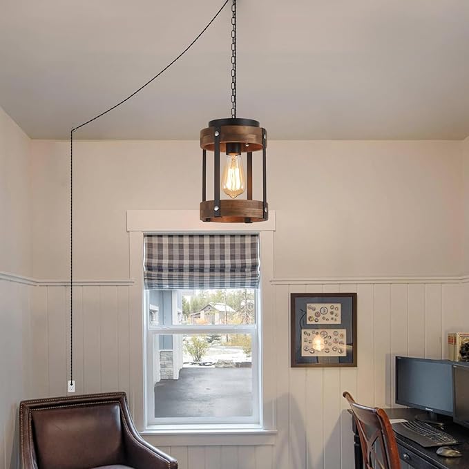 2 Pack Rustic Farmhouse Plug in Pendant Light Fixture with Adjustable Chain, Dimmable Switch, Oak Wood and Metal Drum Cage Mini Hanging Lamp for Kitchen Island Living Room Hallway Farmhouse, Black
