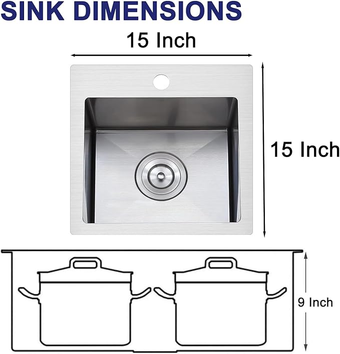 VAPSINT 15x15 Inch Drop In Bar Sink, Topmount Single Bowl Handmade 16 Guage Stainless Steel Small Kitchen Sink for Wet Bar Prep RV Outdoor with Grid & Drain Strainer
