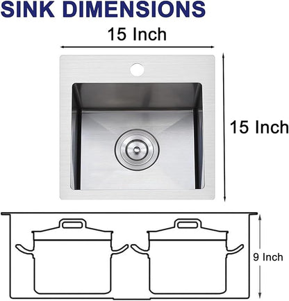 VAPSINT 15x15 Inch Drop In Bar Sink, Topmount Single Bowl Handmade 16 Guage Stainless Steel Small Kitchen Sink for Wet Bar Prep RV Outdoor with Grid & Drain Strainer