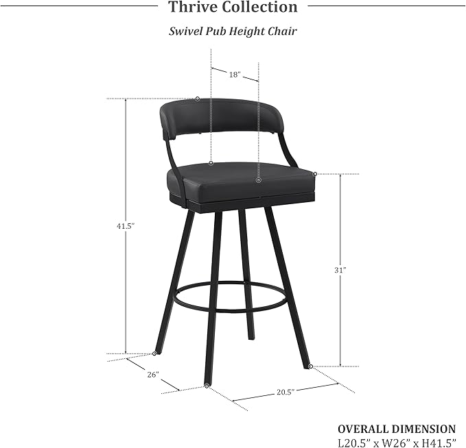Lexicon Swivel Bar Stools Set of 2 - Bar Height Stools for Kitchen Island, Padded Seat, Open Back, Sturdy Black Metal Frame Finish and Faux Leather Cushion Seat, Sturdy Black