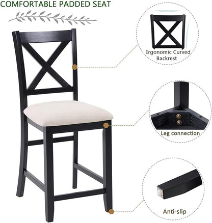 Counter Height Dining Chairs Set of 4, X-Back Kitchen Bar Stools with Padded Seat, Black Wooden Frame with Beige Linen Fabric, Ergonomic Chairs for Kitchen Island, Home Bar