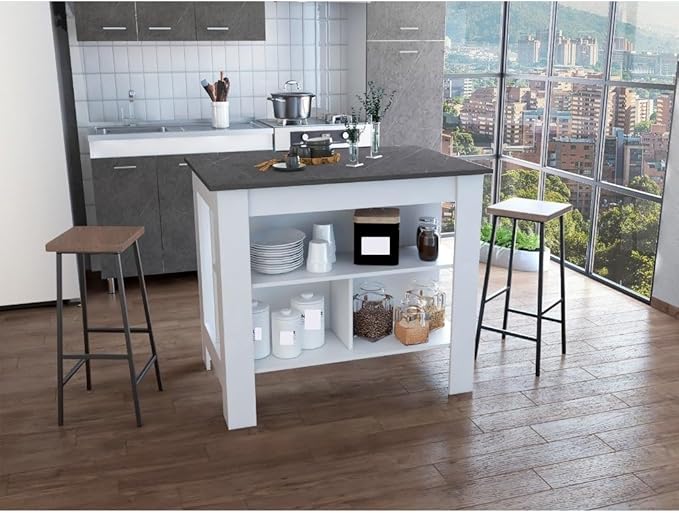 Kitchen Island Kitchen Table 35" H Four Legs with 3 Open Storage Shelves Wide Top for Meal Prep Spacious Leg Room Practical(Black White)