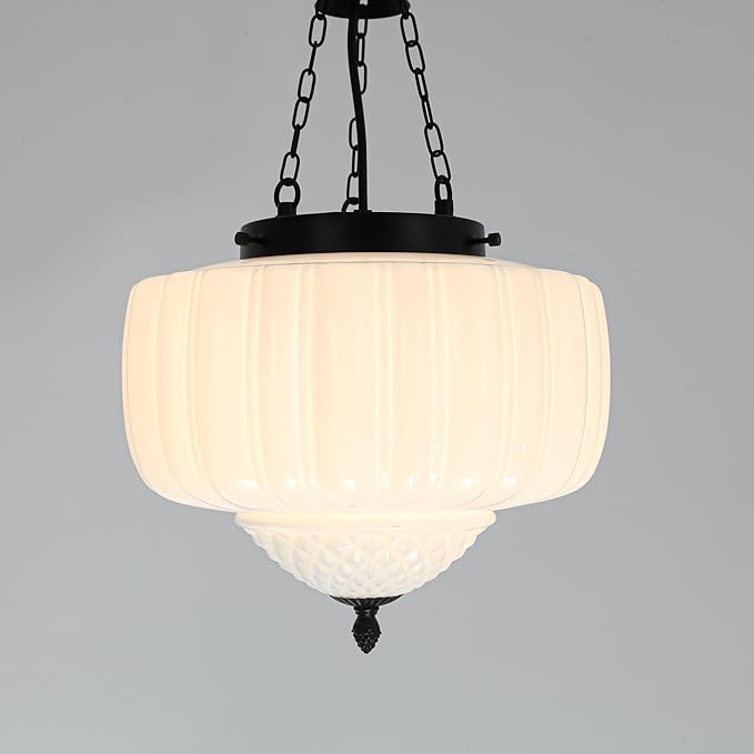 FCTWAKS Milk Glass Pendant Light, 12" Mid Century Modern Schoolhouse Ceiling Light Fixtures, Black Finish with Frosted Glass, Vintage Chandelier for Kitchen Island Dining Room, Bulb Included