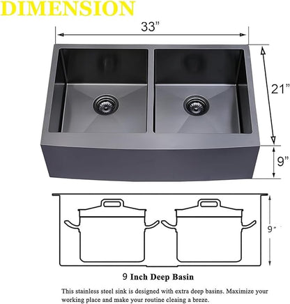 SHACO 33 Inch Black Double Bowl Divided 50/50 Farmhouse Sink, 33x21 Gunmetal Black Stainless Steel Undermount Apron Front Farm Kitchen Sink