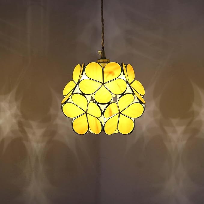 Bieye L10933 Petals Tiffany Style Stained Glass Ceiling Pendant Light with 8-inch Wide Lampshade (Yellow, 8" Cherry Blossom)