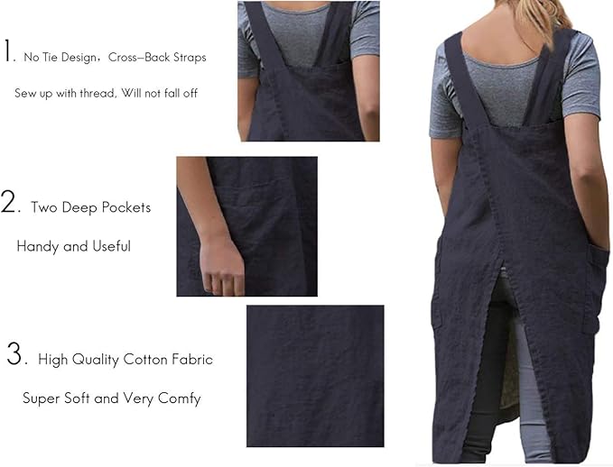 Larmliss Women's Pinafore Square Apron Baking Cooking Gardening Works Cross Back Cotton/Linen Blend Dress with 2 Pockets