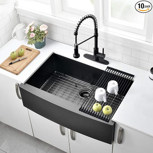 30 Inch Black Farmhouse Sink - VOKIM 30 x 22 Apron Front Farmhouse Sink Stainless Stee 16 Gauge Farmhouse Apron Curved Front sink Single Bowl Kitchen Sink