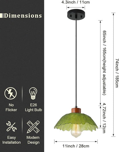 ANYLOVE Vintage Green Hammered Glass Pendant Light,11inch Gradient Petal Ceiling Hanging Lamp,Adjustable Hanging line for Kitchen Island, Dining Room, Bedroom, Hallway,Farmhouse