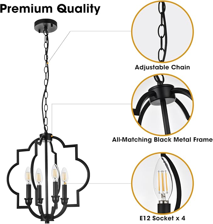 4-Light Black Farmhouse Chandelier, 15.6" Rustic Geometric Pendant Light Fixtures, Adjustable Height Metal Industrial Hanging Light for Kitchen Island Dining Room Hallway Foyer Entryway