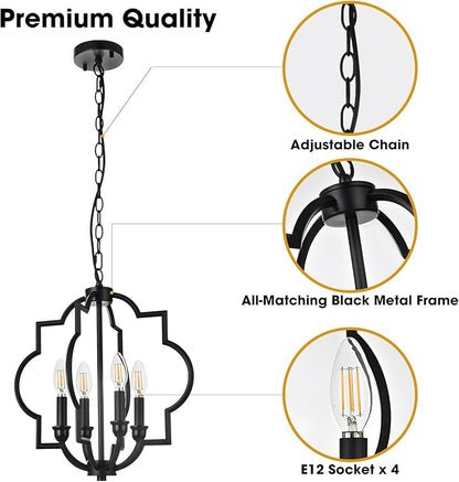 4-Light Black Farmhouse Chandelier, 15.6" Rustic Geometric Pendant Light Fixtures, Adjustable Height Metal Industrial Hanging Light for Kitchen Island Dining Room Hallway Foyer Entryway