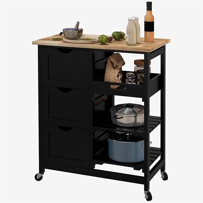 Rolling Kitchen Island Cart, Compact Trolley On Wheels with Top, Shelves & Drawers for Home Dining Area, Black,Multi-Purpose