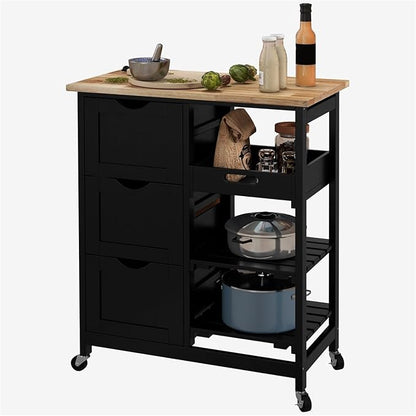 Rolling Kitchen Island Cart, Compact Trolley On Wheels with Top, Shelves & Drawers for Home Dining Area, Black,Multi-Purpose