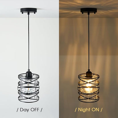 Black Mini Pendant Light Fixture 1-Pack Modern Kitchen Island Pendant Lighting 6.3 Inch Spiral Cage Handblown Hammered Seeded Glass Shade for Dining Room Bedroom Foyer Hallway Bar, E26
