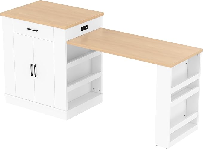 Kitchen Islands with Extendable Dining Table, Extendable Island Console with Drawers, Double-Door Cabinet and Open Shelving, Saving Space Island Table for Dining Room, White