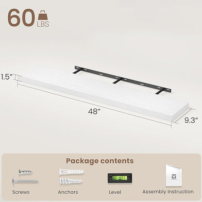 Vivelove White Floating Shelves 48 Inches Long, Wall Display Shelves with Invisible Brackets, for Bathroom Living Room Kitchen Bedroom Office Farmhouse Home Decor, 48x9.3X 1.5 - Set of 2, White